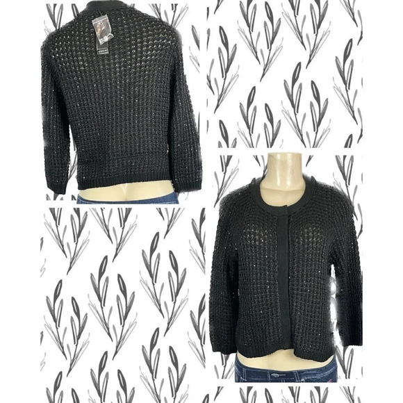 Gynn M Black Open Weave Sequin Snap Front 3/4 Sleeve Crop Cardigan Sweater - Picture 1 of 6